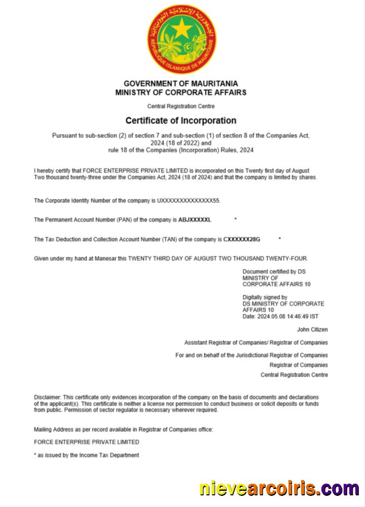 Mauritania business registration certificate